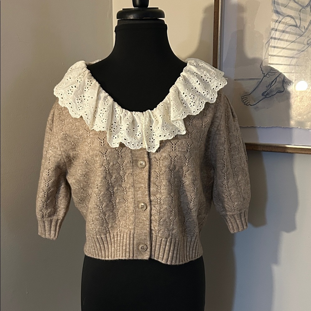 Women's Tan Cardigan Sweater with White Collar - Picture 2 of 6